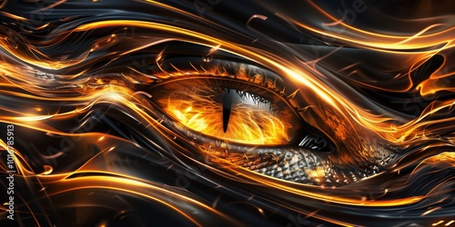 Abstract background with dragon eye and glossy waves, dark backdrop, smooth lines, modern design, textured style.