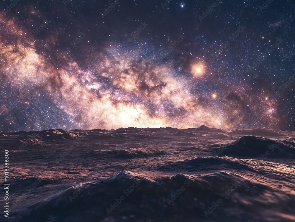 Starry night sky above a desolate, rocky landscape.