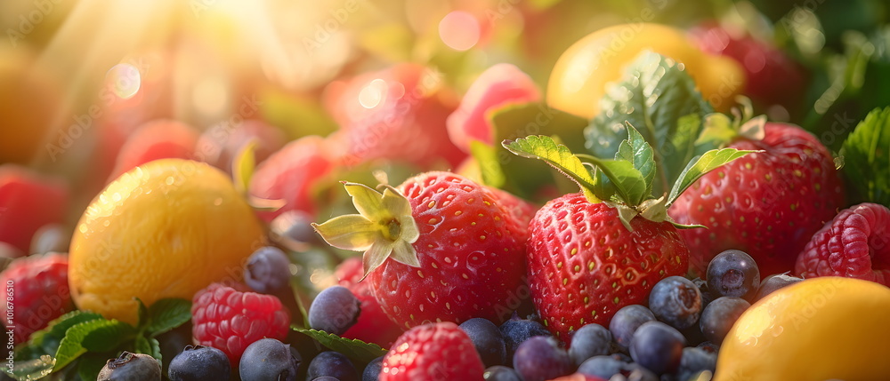 custom made wallpaper toronto digitalFresh Fruit Burst: A vibrant still life showcasing a medley of fresh fruits - juicy strawberries, plump raspberries, and citrus slices - arranged on a bright yellow background.