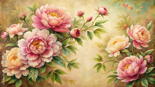 Fototapeta Naklejka Na Ścianę i Meble -  art peony painting vintage wall decor flower background