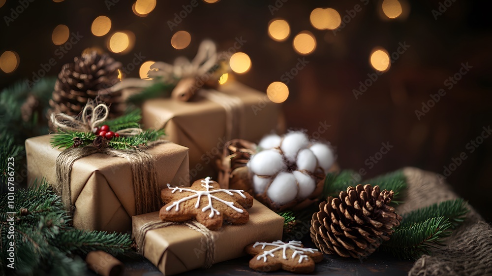 Rustic Christmas Presents with Pine Cones and Gingerbread Cookies Rustic Christmas Presents with Pine Cones and Gingerbread Cookies