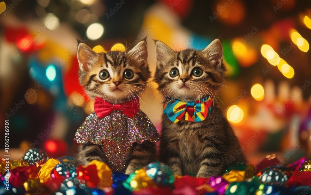A charming image of two small cats dressed for a festive occasion, one in a sparkly dress and the other in a festive necktie, sitting together amidst a backdrop of colorful decorations A charming image of two small cats dressed for a festive occasion, one in a sparkly dress and the other in a festive necktie, sitting together amidst a backdrop of colorful decorations