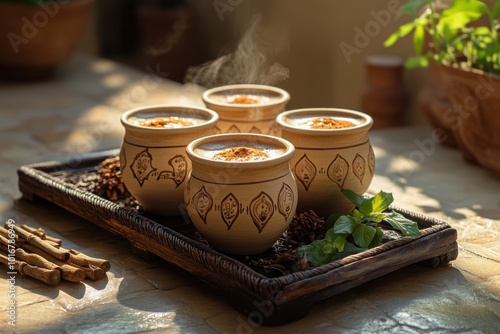 indian tea culture, masala chai in earthen cups on a sunlit table with traditional motifs and festive decor, a glimpse of indian culture photo