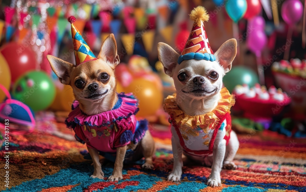 A fun image of two small dogs in festive costumes, one dressed as a clown and the other as a birthday cake, sitting together on a colorful rug amidst a lively party atmosphere with decorations 