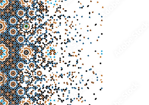 Geometric pattern in Moroccan style zellij. Disintegration effect. Islamic Mosaic Design. 