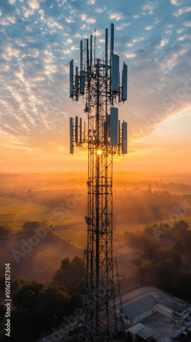 Telecommunication tower with cellular antennas for 5g, 4g, 3g mobile internet