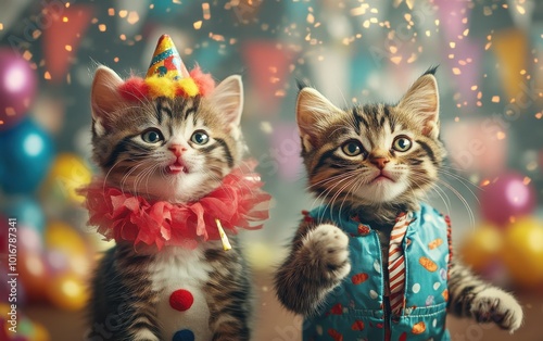 Two small cats adorned in adorable party outfits, one dressed as a clown with a fluffy collar and the other in a stylish vest, happily playing in a lively party atmosphere filled with decorations 