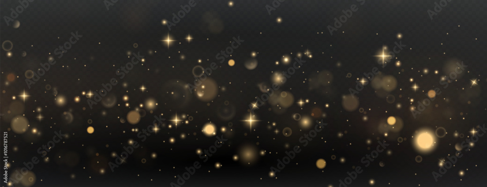 Fototapeta premium Christmas background. Powder dust light PNG. Magic shining gold dust. Fine, shiny dust bokeh particles fall off slightly. Fantastic shimmer effect. Vector illustrator. 