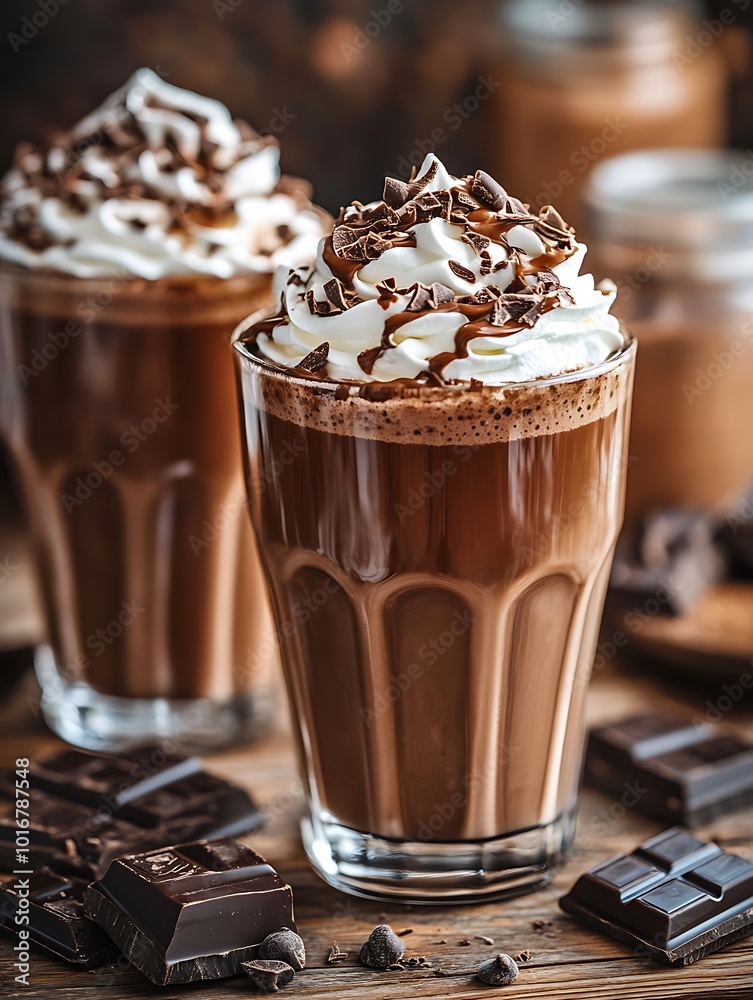 A decadent chocolate milkshake, topped with whipped cream, chocolate shavings, and a drizzle of chocolate syrup, set on a rustic wooden table with a soft