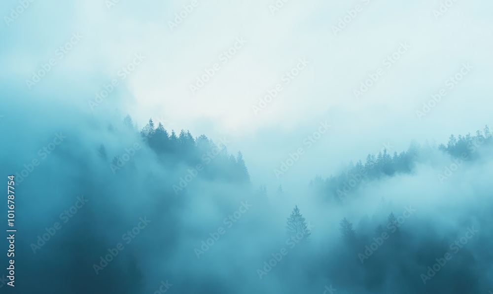 A serene and misty mountain landscape with tall evergreen trees silhouetted against a soft, ethereal sky.