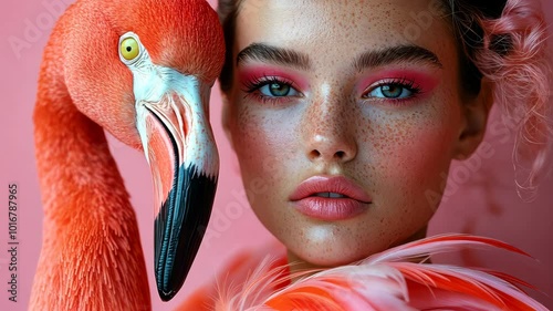 Model posing with flamingo on pink background