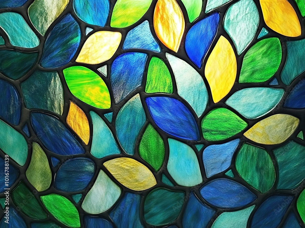 Stained Glass of Blue, green and yellow small leaves pattern background Stained Glass of Blue, green and yellow small leaves pattern background