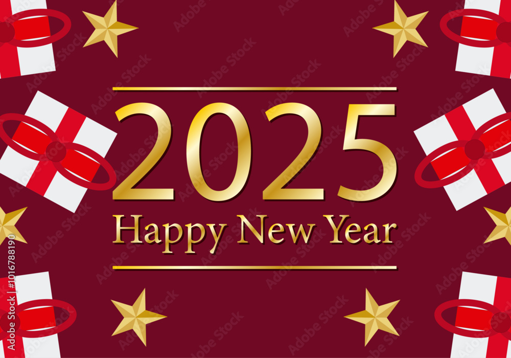 Felicitación roja de navidad con regalos y estrellas de feliz año nuevo dorado 2025 Felicitación roja de navidad con regalos y estrellas de feliz año nuevo dorado 2025