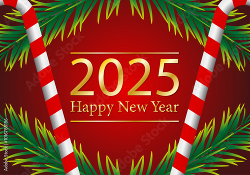Felicitación roja de año nuevo 2025 dorada y navidad con hojas de abeto y bastones de caramelo