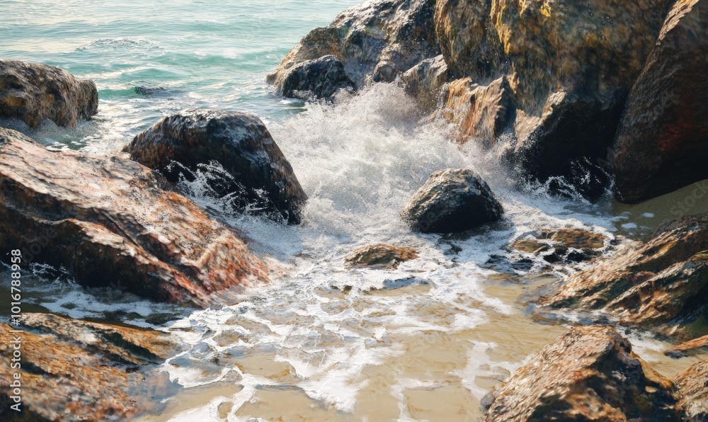 Obraz premium Foamy waves crash against a rocky shore, creating a dramatic and mesmerizing scene.