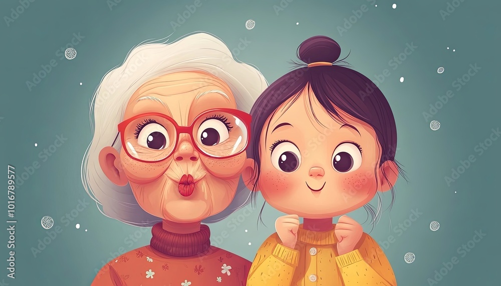 Playful Grandmother Child Photo Booth Fun Illustration Playful Grandmother Child Photo Booth Fun Illustration