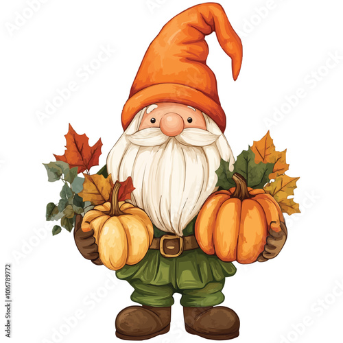 cute cartoon gnomes wearing green robes, holding pumpkins in their hands