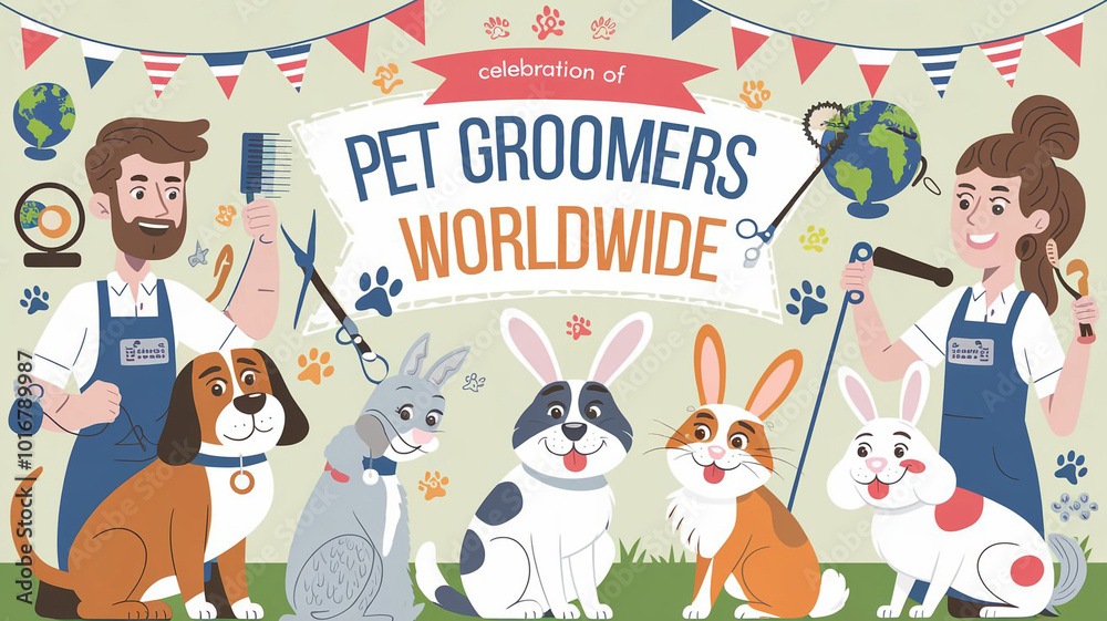 Fototapeta premium Colorful Celebration of Pet Groomers Worldwide: Grooming Dogs, Cats, and Rabbits with Tools, Flags, and Globes