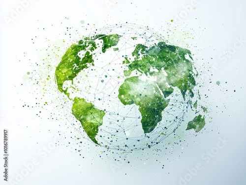vibrant globe illustration showcasing interconnected green continents, symbolizing environmental awareness and global connectivity. design features network of lines and dots, representing data and