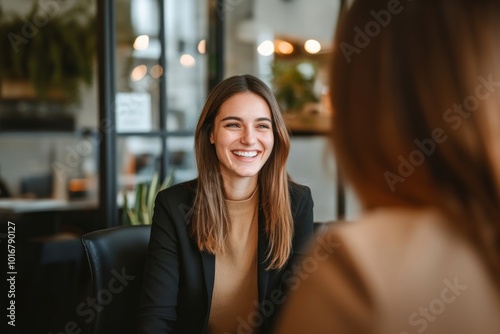 Happy female business manager smiling during an interview woman happy professional.