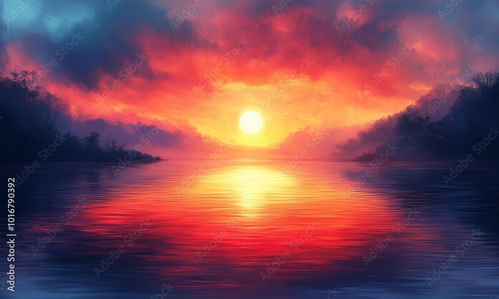 Sunset Landscape on a Lake, Serene, Calm Vibe, Watercolor Painting, Dawn, Soft Background Sunset Landscape on a Lake, Serene, Calm Vibe, Watercolor Painting, Dawn, Soft Background