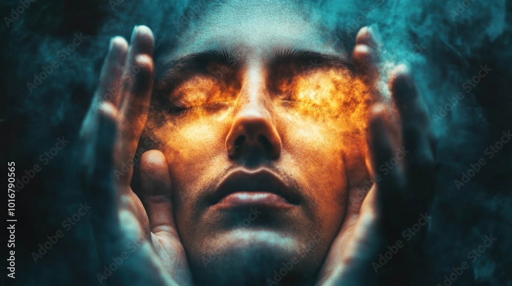A person with glowing eyes and hands, surrounded by smoke, symbolizing inner power and transformation. A person with glowing eyes and hands, surrounded by smoke, symbolizing inner power and transformation.