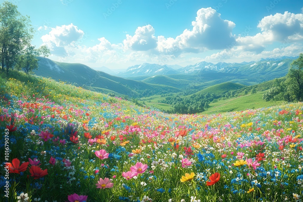 Fototapeta premium enchanting spring meadow vibrant wildflowers in foreground rolling green hills azure sky with wispy clouds soft sunlight idyllic pastoral scene photorealistic rendering