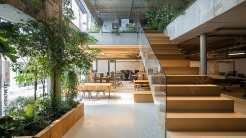 Elegant coworking office in madrid spain features indoor greenery sleek stairway and transparent partitions accentuating the modern design photo