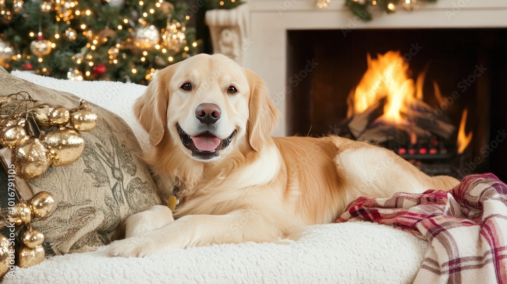 Obraz premium A golden retriever relaxes on the sofa in a cozy living room featuring a carbon electric fireplace and beautiful plants for a warm, inviting ambiance