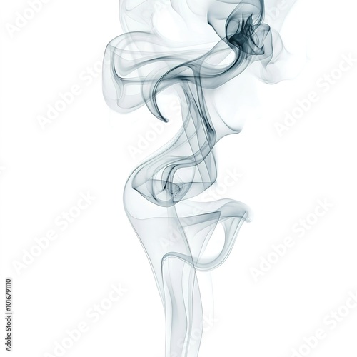 A graceful swirl of delicate gray smoke rises, creating abstract patterns against a clean white background.