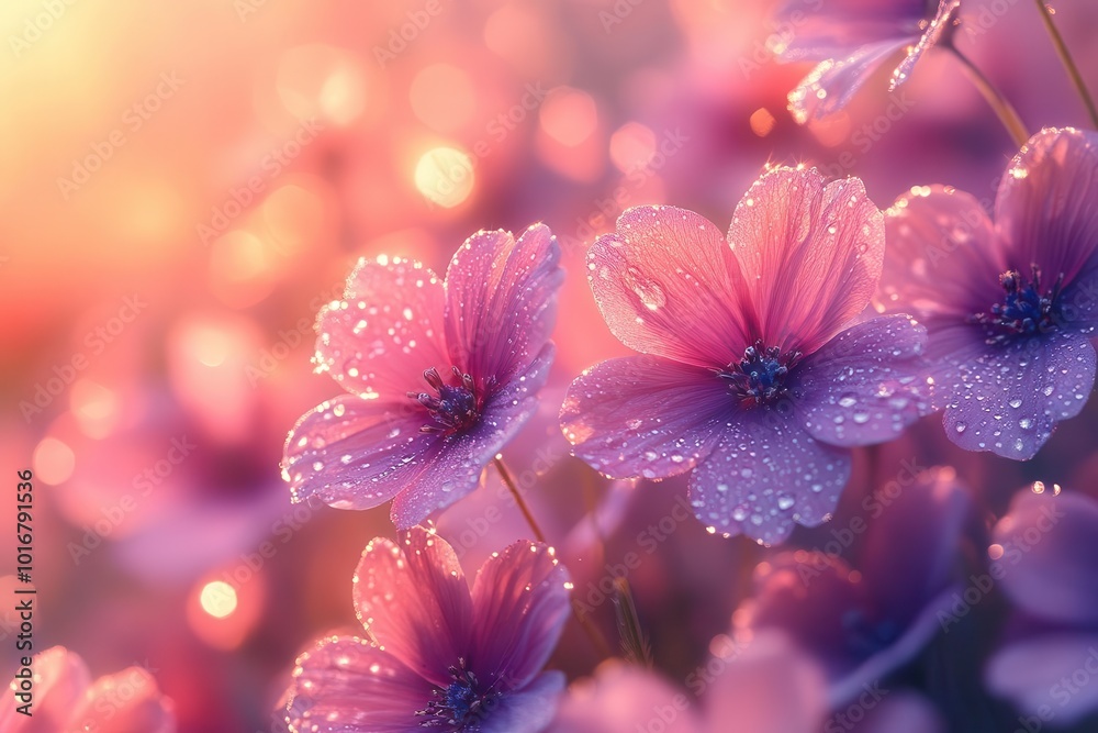 enchanting wildflower meadow at sunrise soft pink and purple hues dominate with morning dew glistening on delicate petals enchanting wildflower meadow at sunrise soft pink and purple hues dominate with morning dew glistening on delicate petals