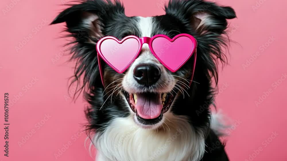 A black and white dog wearing heart-shaped sunglasses smiles at the camera against a pink background A black and white dog wearing heart-shaped sunglasses smiles at the camera against a pink background