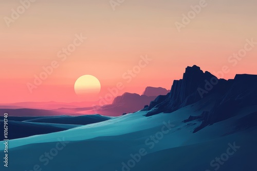 A Silhouetted Mountain Range at Sunset with a Large, Yellow Sun