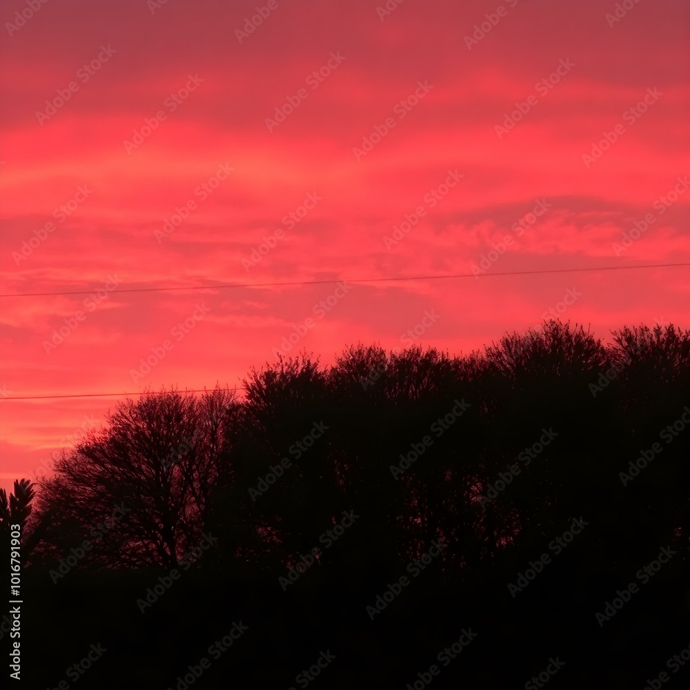 Fototapeta premium A bold, fiery sunset sky with deep crimson red hues dominating the horizon, with silhouetted trees and the last light of the day fading 