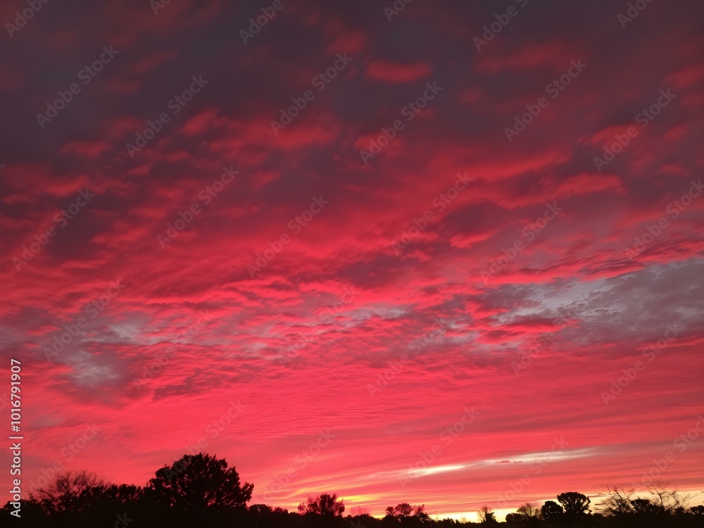 A bold, fiery sunset sky with deep crimson red hues dominating the horizon, with silhouetted trees and the last light of the day fading
A bold, fiery sunset sky with deep crimson red hues dominating the horizon, with silhouetted trees and the last light of the day fading