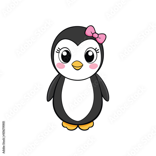 Cute Cartoon Penguin Character with Pink Bow vector illustration.