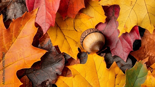 Macro shot of an acorn halfburied in a sea of multicolored autumn leaves, intricate details and warm tones representing the change of seasons, nature closeup, fall textures photo