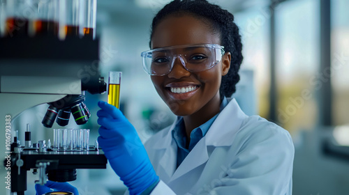 A smiling African American female scientist in a white lab coat and blue gloves, she is holding a test tube with yellow liquid