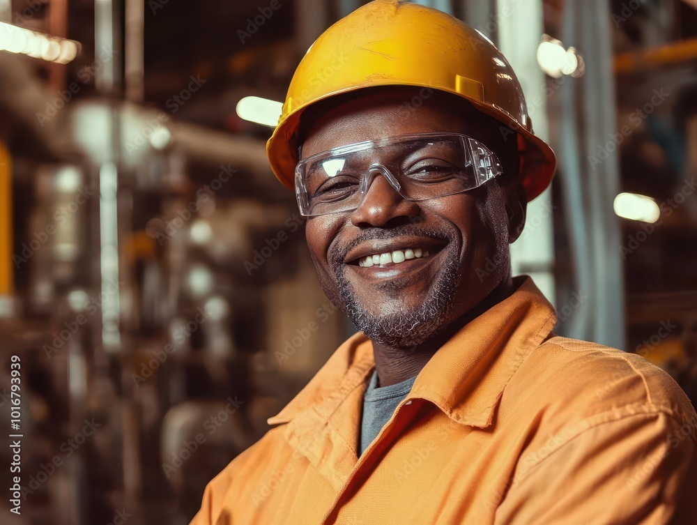 portrait of smiling african american factory worker in safety gear. industrial background, warm lighting, sense of pride. portrait of smiling african american factory worker in safety gear. industrial background, warm lighting, sense of pride.