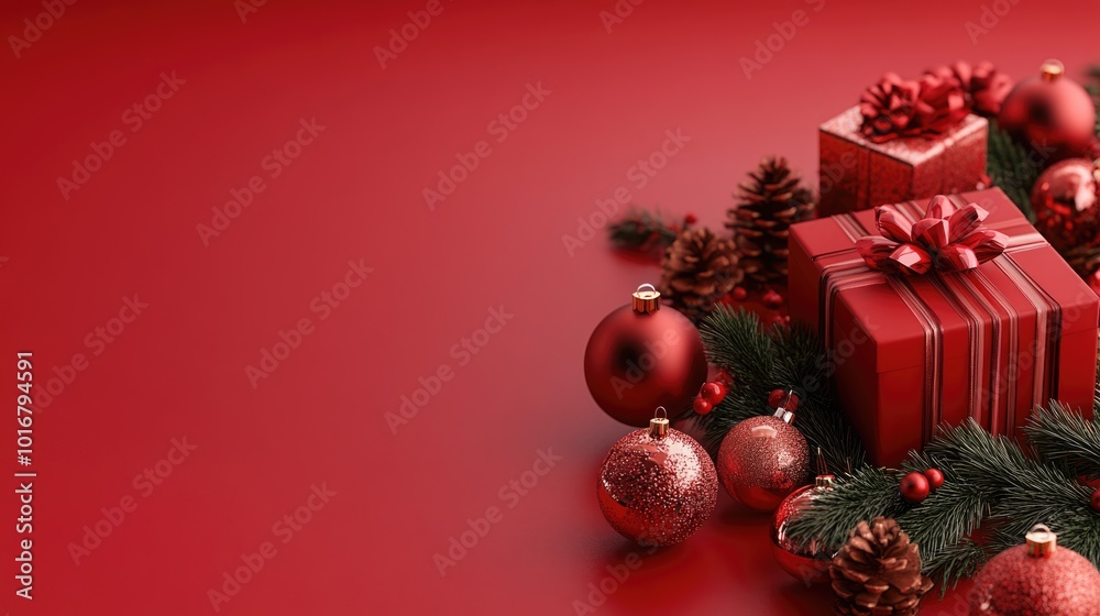 Red background with a red Christmas. Red Christmas decorations, Merry Christmas card. Winter holiday theme. Happy New Year. Red background with a red Christmas. Red Christmas decorations, Merry Christmas card. Winter holiday theme. Happy New Year.