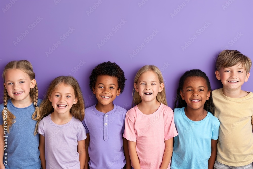 Group of smiling children standing together and looking at camera over purple background Group of smiling children standing together and looking at camera over purple background