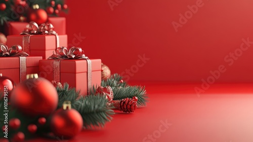 Red background with a red Christmas. Red Christmas decorations, Merry Christmas card. Winter holiday theme. Happy New Year.