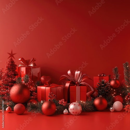 Red background with a red Christmas. Red Christmas decorations, Merry Christmas card. Winter holiday theme. Happy New Year.