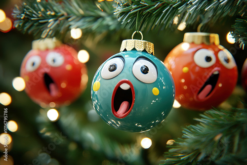 Lustige und witzige singende Weihnachtskugel mit offenen Mund an einem Christbaum zu Weihnachten