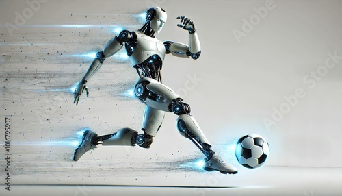 The image shows a robot kicking a soccer ball mid-air with a white background, highlighting the robot's dynamic motion.