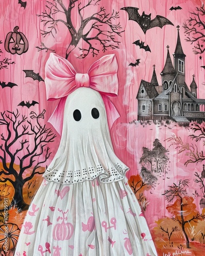 Cute ghost with pink bow in Halloween setting. photo