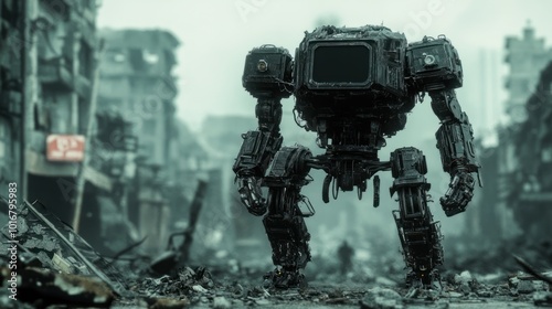 A post-apocalyptic scene featuring a large, robotic figure amidst a ruined urban landscape.