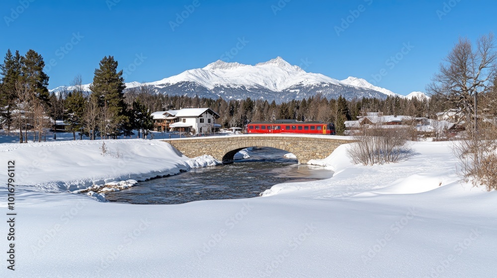 Fototapeta premium A beautiful red train travels over a stone bridge surrounded by stunning winter landscapes in the Swiss mountains, highlighting exceptional views and serene snow-covered scenery