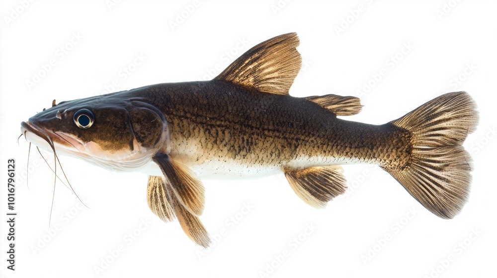 catfish belonging to the Siluriformes order is isolated on a white background showcasing its unique physical characteristics and form. catfish belonging to the Siluriformes order is isolated on a white background showcasing its unique physical characteristics and form.