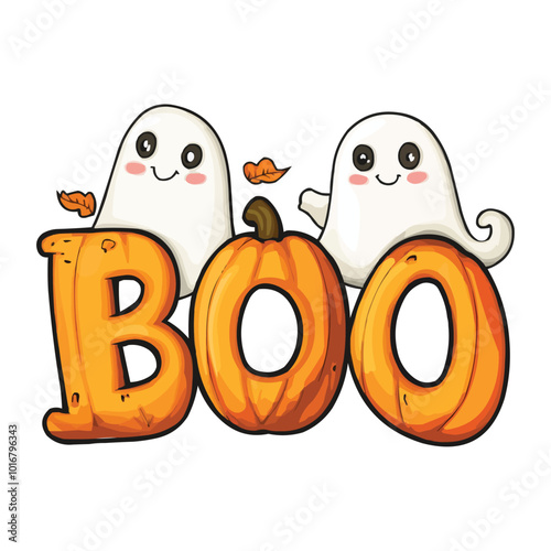 Halloween-themed word BOO with cute ghost and pumpkin